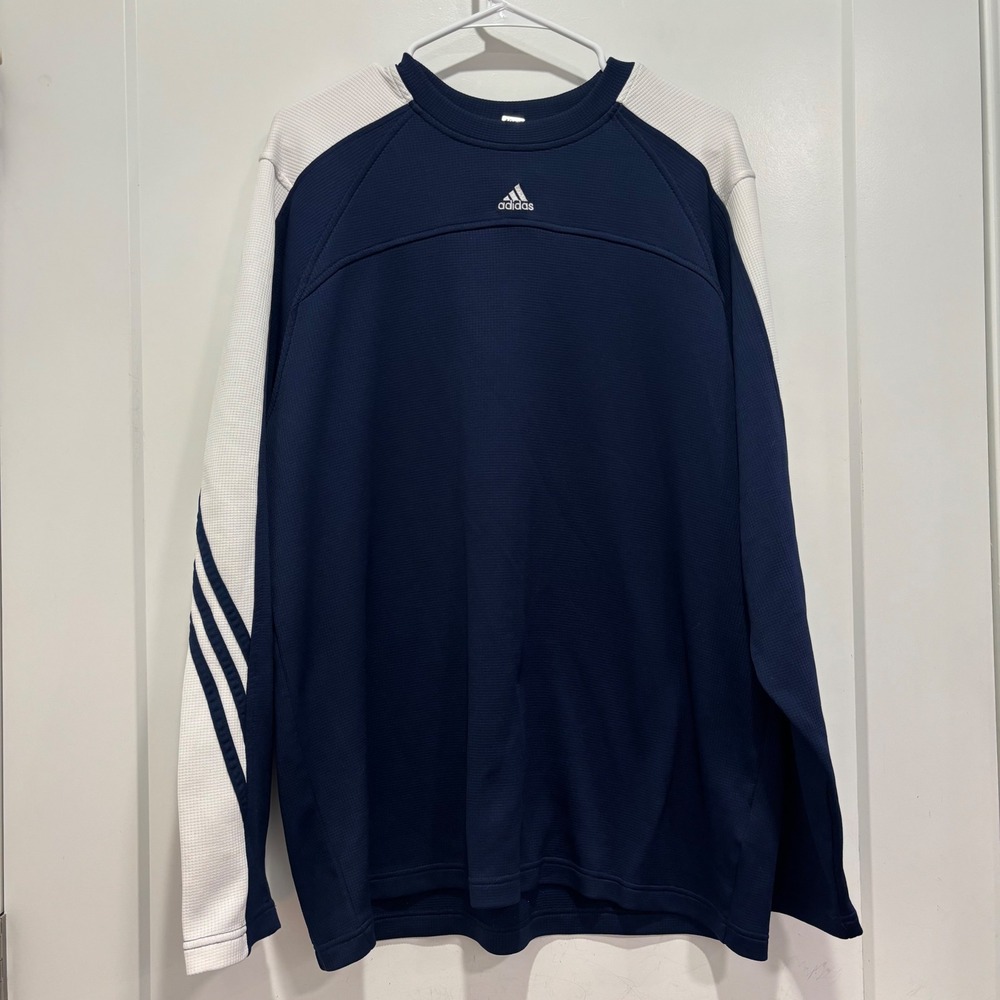 Vintage Adidas Mens Navy Blue Waffle Knit Three Stripe Crewneck Sweatshirt XL